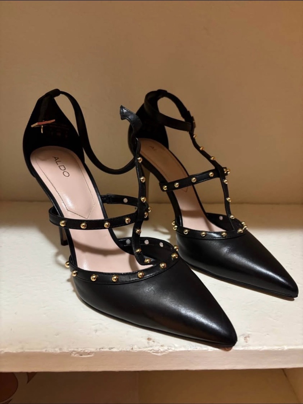 Aldo Black Pointed T-Strap Heels with Gold Studs